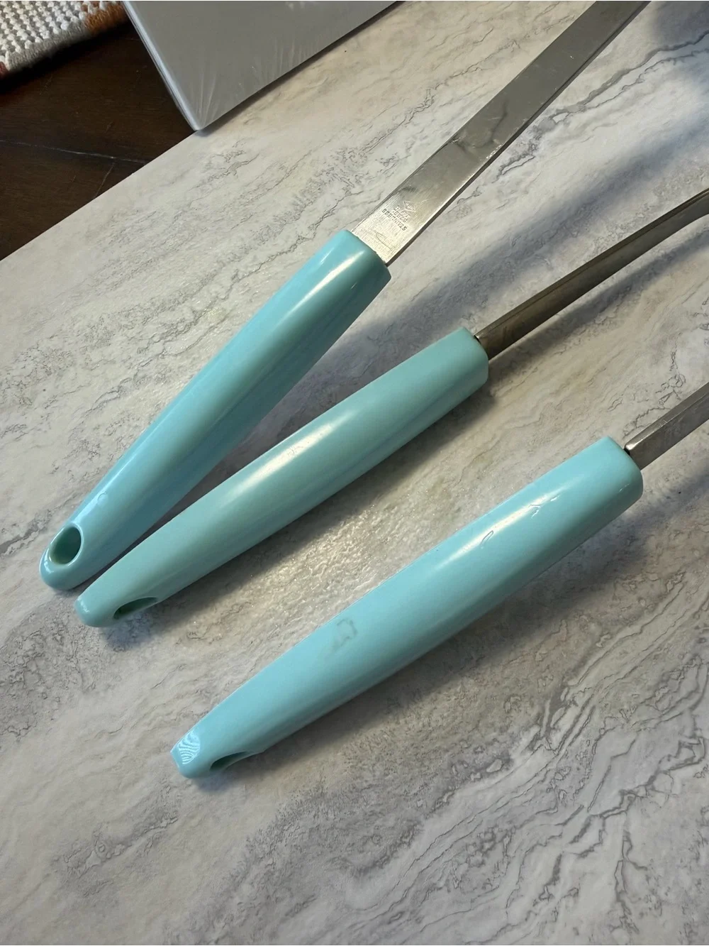 HPH Atomic Starburst White and Turquoise Blue Cooking Utensils Set of 3 Vintage